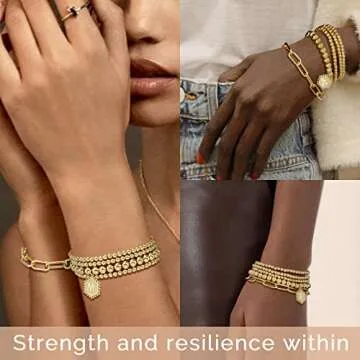 shownee Gold Beaded Bracelet for Women - 14K Real Gold Plated Bead Bracelet Stretchable Elastic Chain Ball Bracelet Kit Jewelry Gifts with Letter Pendant M