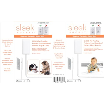 Sleek Socket No Shock Child & Pet Protector Outlet Concealer with Protective Cord Clips, Flat Extension Cord with 3 Outlets Power Strip (Safeguards Toddlers and Pets from Chewing Dangerous Cords)