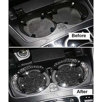 Bling Cup Holder Car 2Pcs Interior Accessories Crystal Rhinestone Universal 2.77 inch Insert Coaster Silicone Anti Slip,Black Diamond