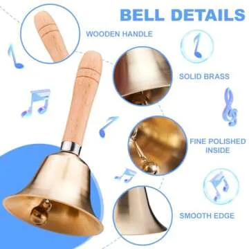 TIPTAP Loud Solid Brass Handbell, 3.15IN Hand Call Bell with Wooden Handle, Ringing Bells for Wedding, Animal Training,Dinner, Meditation, Musical Teaching, Service and More