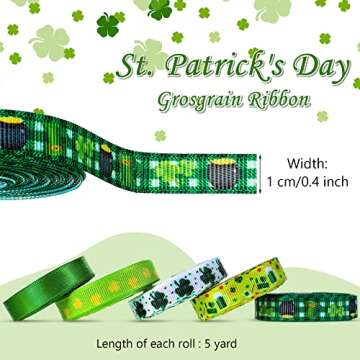 12 Rolls Total 60 Yards St. Patrick's Day Ribbon 3/8 inch Lucky Shamrock Grosgrain Ribbon Polyester Horseshoe Irish Day Craft Ribbon for Wrapping Crafting Sewing Bows Wreath Party DIY Decoration
