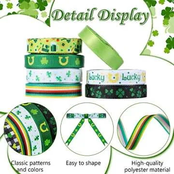 12 Rolls Total 60 Yards St. Patrick's Day Ribbon 3/8 inch Lucky Shamrock Grosgrain Ribbon Polyester Horseshoe Irish Day Craft Ribbon for Wrapping Crafting Sewing Bows Wreath Party DIY Decoration