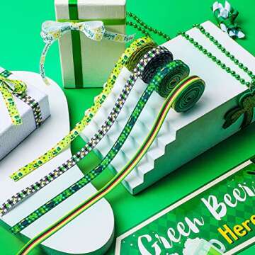 12 Rolls Total 60 Yards St. Patrick's Day Ribbon 3/8 inch Lucky Shamrock Grosgrain Ribbon Polyester Horseshoe Irish Day Craft Ribbon for Wrapping Crafting Sewing Bows Wreath Party DIY Decoration