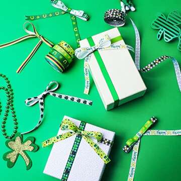 12 Rolls Total 60 Yards St. Patrick's Day Ribbon 3/8 inch Lucky Shamrock Grosgrain Ribbon Polyester Horseshoe Irish Day Craft Ribbon for Wrapping Crafting Sewing Bows Wreath Party DIY Decoration