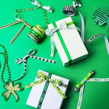 12 Rolls Total 60 Yards St. Patrick's Day Ribbon 3/8 inch Lucky Shamrock Grosgrain Ribbon Polyester Horseshoe Irish Day Craft Ribbon for Wrapping Crafting Sewing Bows Wreath Party DIY Decoration