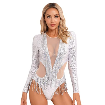Agoky Womens Shiny Sequins Fringed Leotard Mesh Patchwork Latin Vintage Dance Bodysuit Cocktail Part...