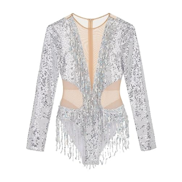 Agoky Shiny Sequins Fringed Bodysuit for Women