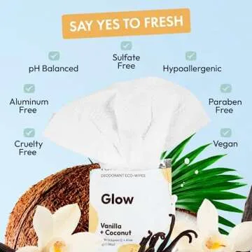 FOMIN Travel Deodorant Wipes - 50 Count - Glowing Coconut and Vanilla - pH Balanced, Hypoallergenic Mini Deodorant Wipes For Women and Men - Plastic-Free, Individually Wrapped Underarm & Body Wipes