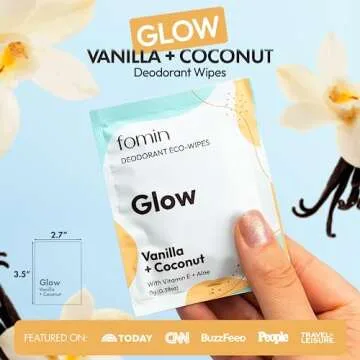 FOMIN Travel Deodorant Wipes - 50 Count - Glowing Coconut and Vanilla - pH Balanced, Hypoallergenic Mini Deodorant Wipes For Women and Men - Plastic-Free, Individually Wrapped Underarm & Body Wipes