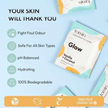 FOMIN Travel Deodorant Wipes - 50 Count - Glowing Coconut and Vanilla - pH Balanced, Hypoallergenic Mini Deodorant Wipes For Women and Men - Plastic-Free, Individually Wrapped Underarm & Body Wipes