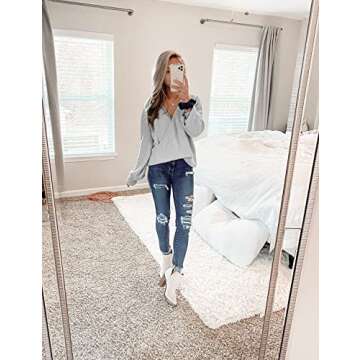 LookbookStore Fall Pullover Sweaters for Women Wrap Sweater Knit Long Sleeve Faux Wrap Surplice V Neck Sweater Top Light Grey Old Money Aesthetic Sweater Low Cut Tops for Women Size S Size 4 6