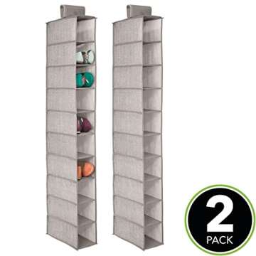 mDesign Set of 2 Hanging Shoe Rack - Ideal Wardrobe Storage Solutions - Hanging Shoe Storage with 10 Compartments - Linen