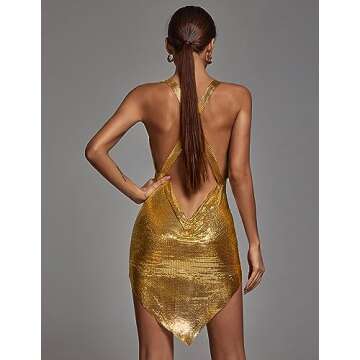 Sexy Mini Dress Diamond Mesh Dress Night Out Sexy Dress Backless Club Dress for Party Deep V Metallic Birthday Dress Bodycon Dress Gold