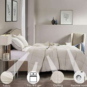 HIG Pre Washed Down Alternative Comforter Set Queen - Reversible Chic Quilt Design - Box Stitched with 4 Corner Tabs - Lightweight for All Season - Camel Duvet Comforter with 2 Pillow Shams