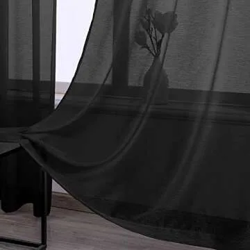 DONREN 2 Panels Jet Black Textured Sheer Curtains Luxury Voile Window Curtain Grommet Top Panels for Bedroom 52 X 63 Inch Length