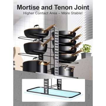 MUDEELA Pots and Pans Organizer : Rack under Cabinet, 8-Tier Kitchen Cabinet Organizers and Storage, Light-Duty Adjustable Pot Racks, Pan Organizers inside Cabinet with 3 DIY Methods