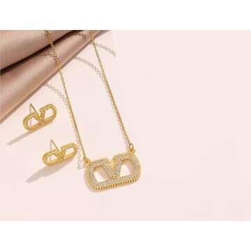 HXUFENGQIN Women's Jewelry Set, V Letter Necklace, Geometric V-Shaped Earrings and Necklace, Women's Jewelry