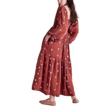 Chloefairy Women's Flower Embroidered Maxi Dress Lantern Sleeve Square Neck Tiered Flowy Spring Fall...