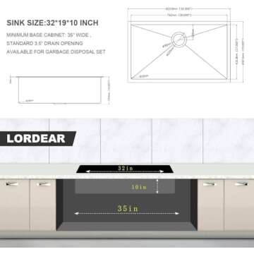 Lordear 32 Inch Kitchen Sink Undermount Gunmetal Black 16 Gauge Stainless Steel Single Under Counter Rectangular Handmade Sinks Basin, 32" x 19" x 10"
