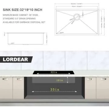Lordear 32 Inch Kitchen Sink Undermount Gunmetal Black 16 Gauge Stainless Steel Single Under Counter Rectangular Handmade Sinks Basin, 32" x 19" x 10"
