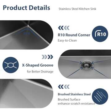 Lordear 32 Inch Kitchen Sink Undermount Gunmetal Black 16 Gauge Stainless Steel Single Under Counter Rectangular Handmade Sinks Basin, 32" x 19" x 10"