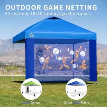CROWN SHADES 10x10 Universal Canopy Game Sidewall - Accessories Pop Up Canopy Gaming Netting - Outdoor Games for Adults and Family - Easy Setup for Tailgating, Events, Parties, Backyard (Blue)
