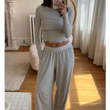 ROAONOCOMO Women Y2K Floral 2 Piece Lounge Set Long Sleeve Button Down Shirt Top Wide Leg Long Pants Cute Pajama Outfit Grey