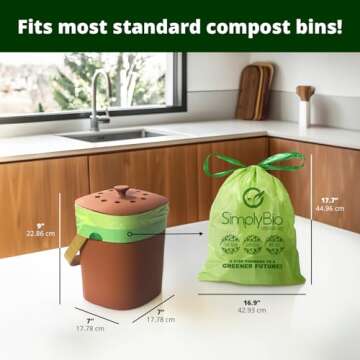Simply Bio 3 Gallon Compostable Trash Bags Liners Drawstring, Heavy Duty Extra Thick 1 Mil, 11.36 Li...