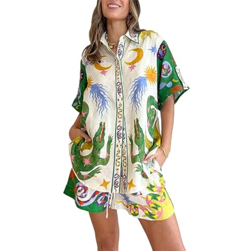 Peaceglad Women's Print 2 Piece Pajama Set Short Sleeve Button Down Tops Drawstring Shorts Loungewea...