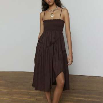 Women’s Summer Casual Loose Sleeveless Spaghetti Strap Square Neck Smocked Asymmetric Beach Midi D...