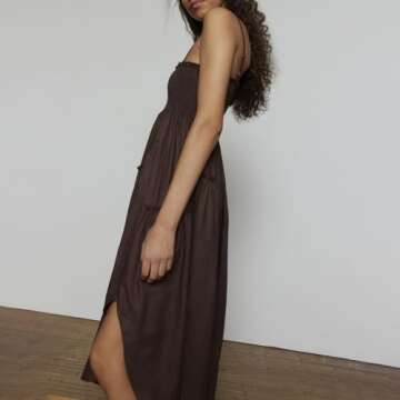 Women’s Summer Casual Loose Sleeveless Spaghetti Strap Square Neck Smocked Asymmetric Beach Midi Dress Vacation Outfits (Dark Brown, S)