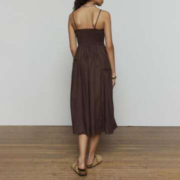 Women’s Summer Casual Loose Sleeveless Spaghetti Strap Square Neck Smocked Asymmetric Beach Midi Dress Vacation Outfits (Dark Brown, S)