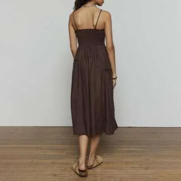 Women’s Summer Casual Loose Sleeveless Spaghetti Strap Square Neck Smocked Asymmetric Beach Midi Dress Vacation Outfits (Dark Brown, S)