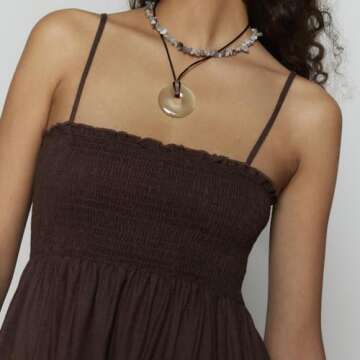 Women’s Summer Casual Loose Sleeveless Spaghetti Strap Square Neck Smocked Asymmetric Beach Midi Dress Vacation Outfits (Dark Brown, S)