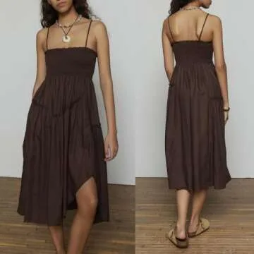 Women’s Summer Casual Loose Sleeveless Spaghetti Strap Square Neck Smocked Asymmetric Beach Midi Dress Vacation Outfits (Dark Brown, S)