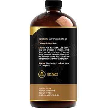 Brooklyn Botany Cold-Pressed Organic Castor Oil in Glass Bottle - 16 Fl Oz - 100% Pure and Natural - Premium Grade Oil for Hair Growth, Eyelashes and Eyebrows - Carrier Oil - Hair and Body Oil