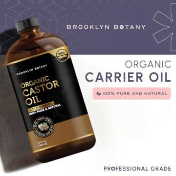 Brooklyn Botany Cold-Pressed Organic Castor Oil in Glass Bottle - 16 Fl Oz - 100% Pure and Natural - Premium Grade Oil for Hair Growth, Eyelashes and Eyebrows - Carrier Oil - Hair and Body Oil