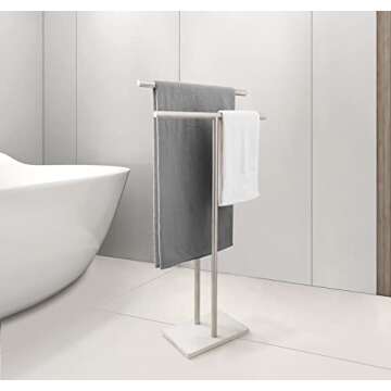Standing Towel Rack Double-T Shape Bath Sheet Holder with Marble Design Base for Bathroom Floor Next to Tub or Shower 2 Tier Freestanding Towel Bar Stainless Steel Brushed Nickel
