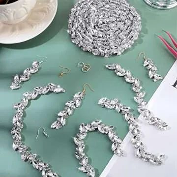 BBTO Rhinestone Chain Trim Applique Embellishment Crystal Wedding Bridal Costume Flower Leaf Chain Sewing Bling Trim for Jewelry DIY Necklace Bags Parties(3 Yards,Silver)