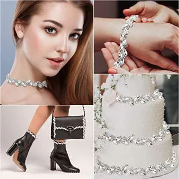 BBTO Rhinestone Chain Trim Applique Embellishment Crystal Wedding Bridal Costume Flower Leaf Chain Sewing Bling Trim for Jewelry DIY Necklace Bags Parties(3 Yards,Silver)