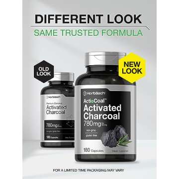 Horbäach Charcoal Pills 780mg | 180 Capsules | Activated Charcoal from Coconut Shells | Non-GMO and Gluten Free