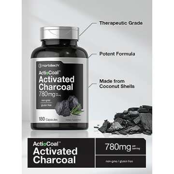 Horbäach Charcoal Pills 780mg | 180 Capsules | Activated Charcoal from Coconut Shells | Non-GMO and Gluten Free