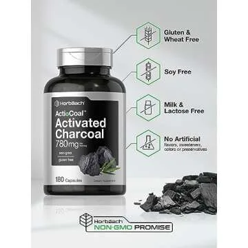 Horbäach Charcoal Pills 780mg | 180 Capsules | Activated Charcoal from Coconut Shells | Non-GMO and Gluten Free