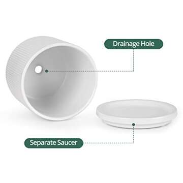 Ceramic Planter Pots, 5 Inch Plant Pots with Drainage Holes and Saucers, Small Indoor Modern Cylinder Flower Pots for All Houseplants, Succulents, White, Set of 2 5inch+ 5inch