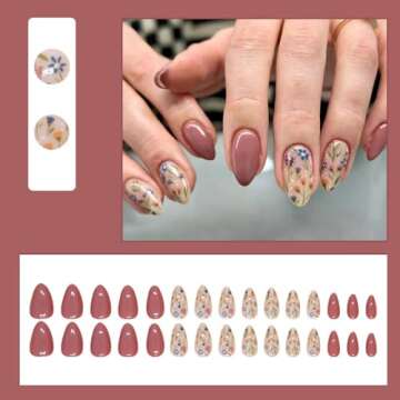 30 Pcs Extra Short Press on Nails Almond - BHLFRH Reddish Brown Fake Nails Press ons Nail Art French Tips Glue on Nails Full Cover Acrylic False Nails with Flower Design Stick on Nails for Women Girls
