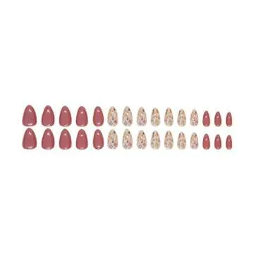 30 Pcs Extra Short Press on Nails Almond - BHLFRH Reddish Brown Fake Nails Press ons Nail Art French Tips Glue on Nails Full Cover Acrylic False Nails with Flower Design Stick on Nails for Women Girls
