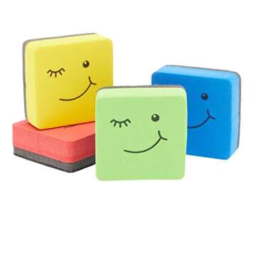 Juvale 24 Pack Magnetic Mini Dry Erase Board Erasers for Teachers, Classroom Whiteboard, School Supplies, Smiley Face (4 Colors, 2x0.7 in)