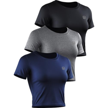 NELEUS Women's Running Crop Shirts Short Sleeve Workout Athletic Shirts,8079,Black/Grey/Navy Blue,3 ...