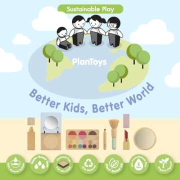 PlanToys Make Up Set for Kids - Sustainably Made from Rubberwood Featuring Organic-Pigment Coloring and Water-Based Dyes with a Mirror, Brush, Bag, and 5 Pieces of Makeup