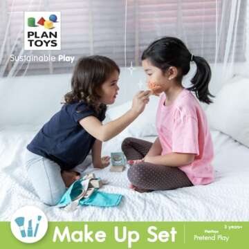 PlanToys Make Up Set for Kids - Sustainably Made from Rubberwood Featuring Organic-Pigment Coloring and Water-Based Dyes with a Mirror, Brush, Bag, and 5 Pieces of Makeup